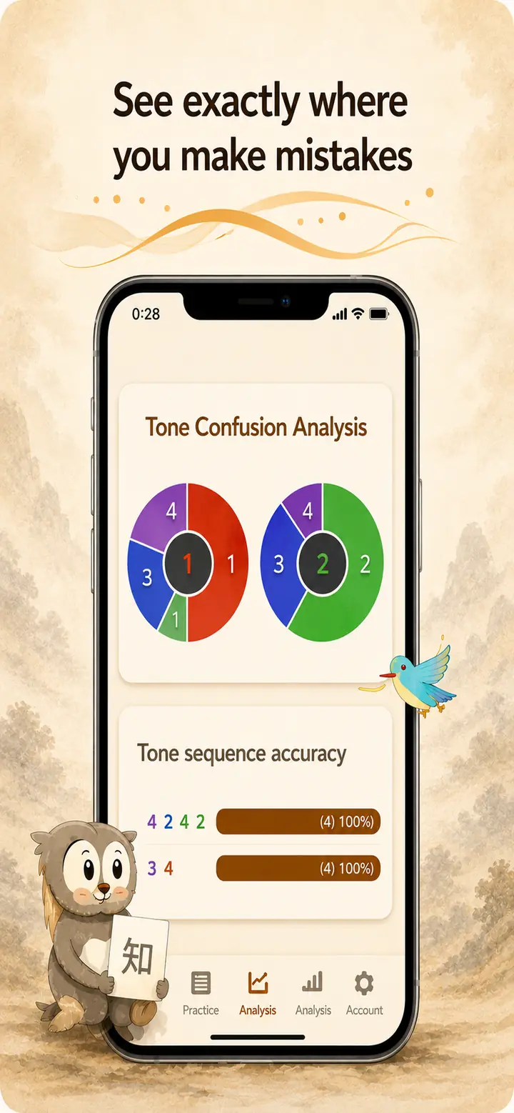Atone tone confusion analysis showing which tones you mix up when the answer is tone 1 or tone 2