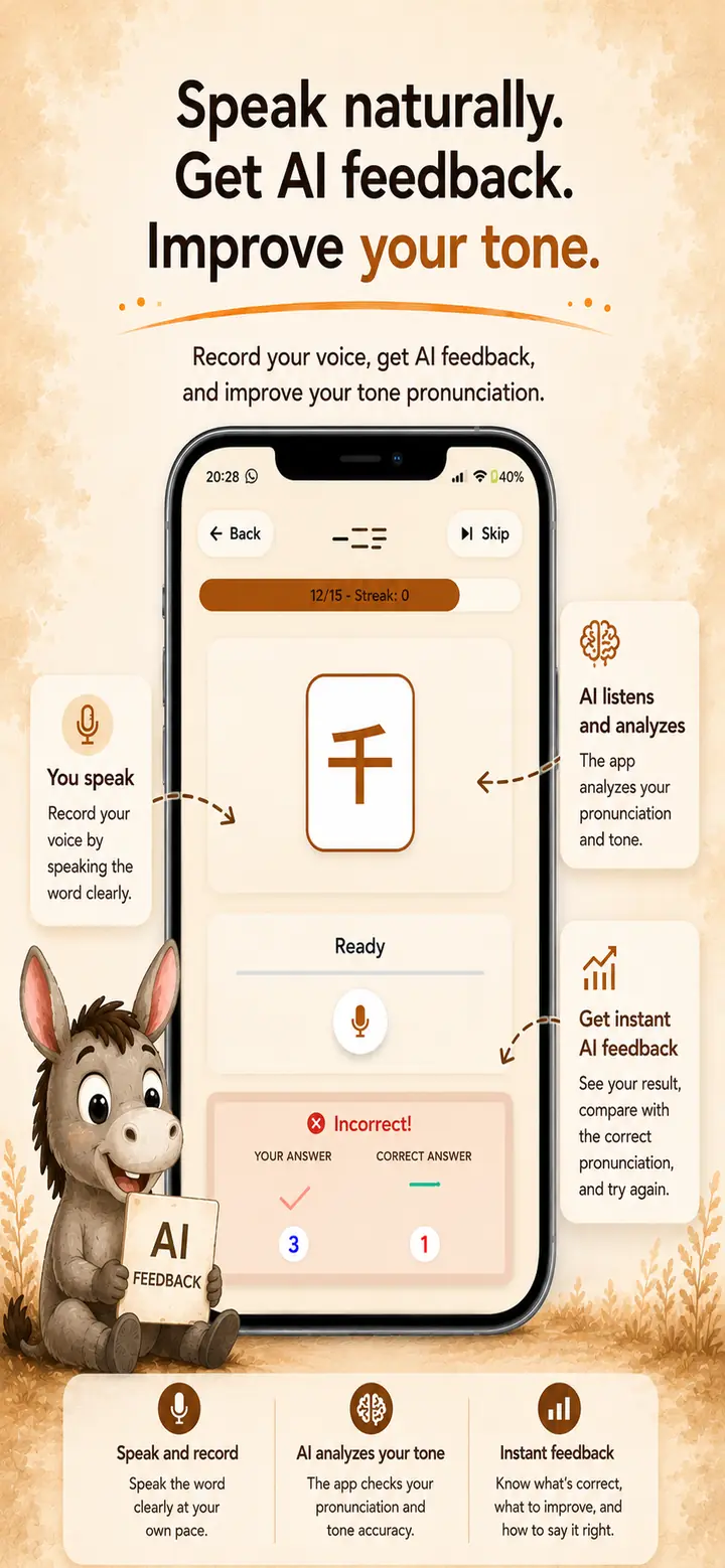 Atone Speak practice screen: say the word, AI compares your tone with the correct answer